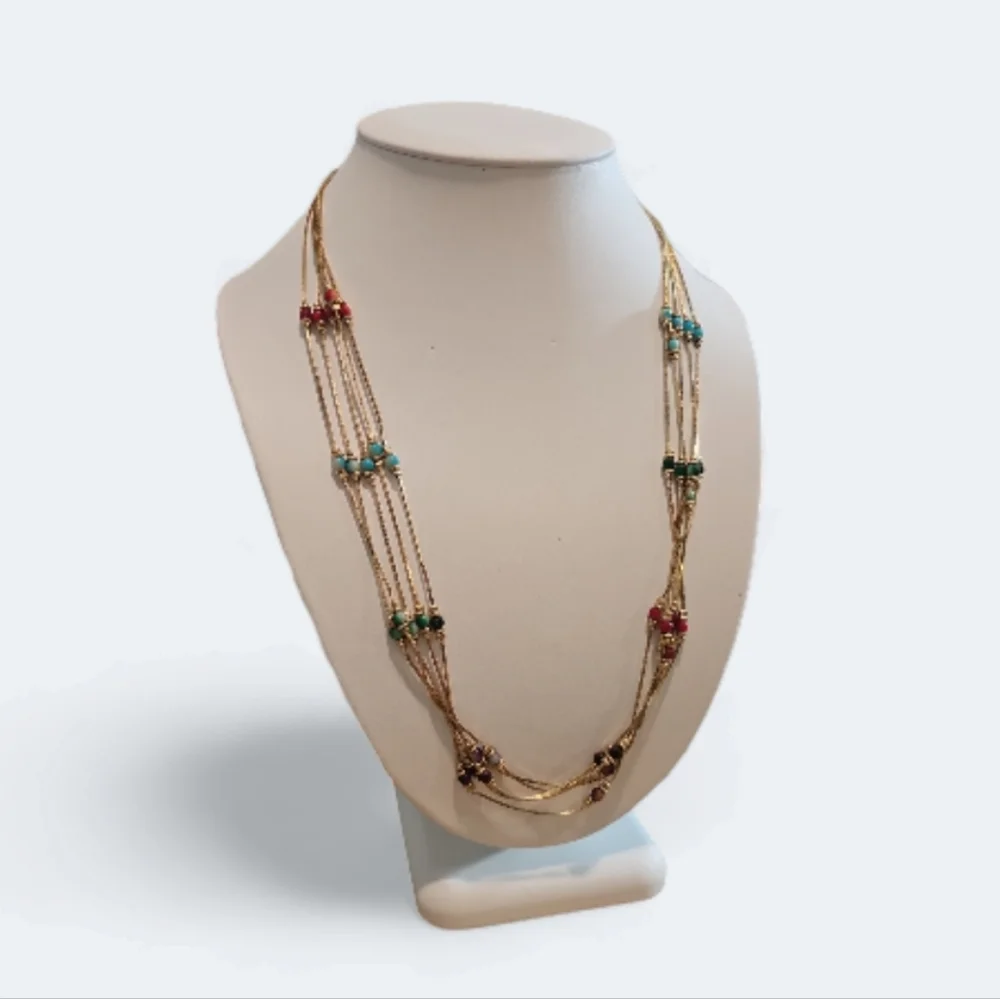 Vintage '80s Multicolor Serpentine Multi-Strand Beaded Necklace Gold-Tone. - Picture 4 of 5